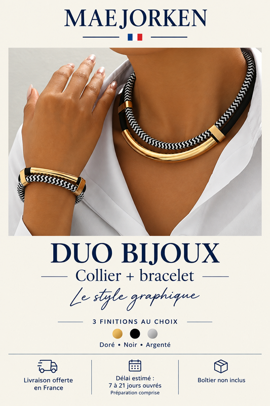 Duo collier et bracelet assortis à cordons noirs et chevrons noir et blanc avec tube métallique doré. Trois finitions au choix. Livraison offerte en France, délai estimé 7 à 21 jours ouvrés préparation comprise. Boîtier non inclus.