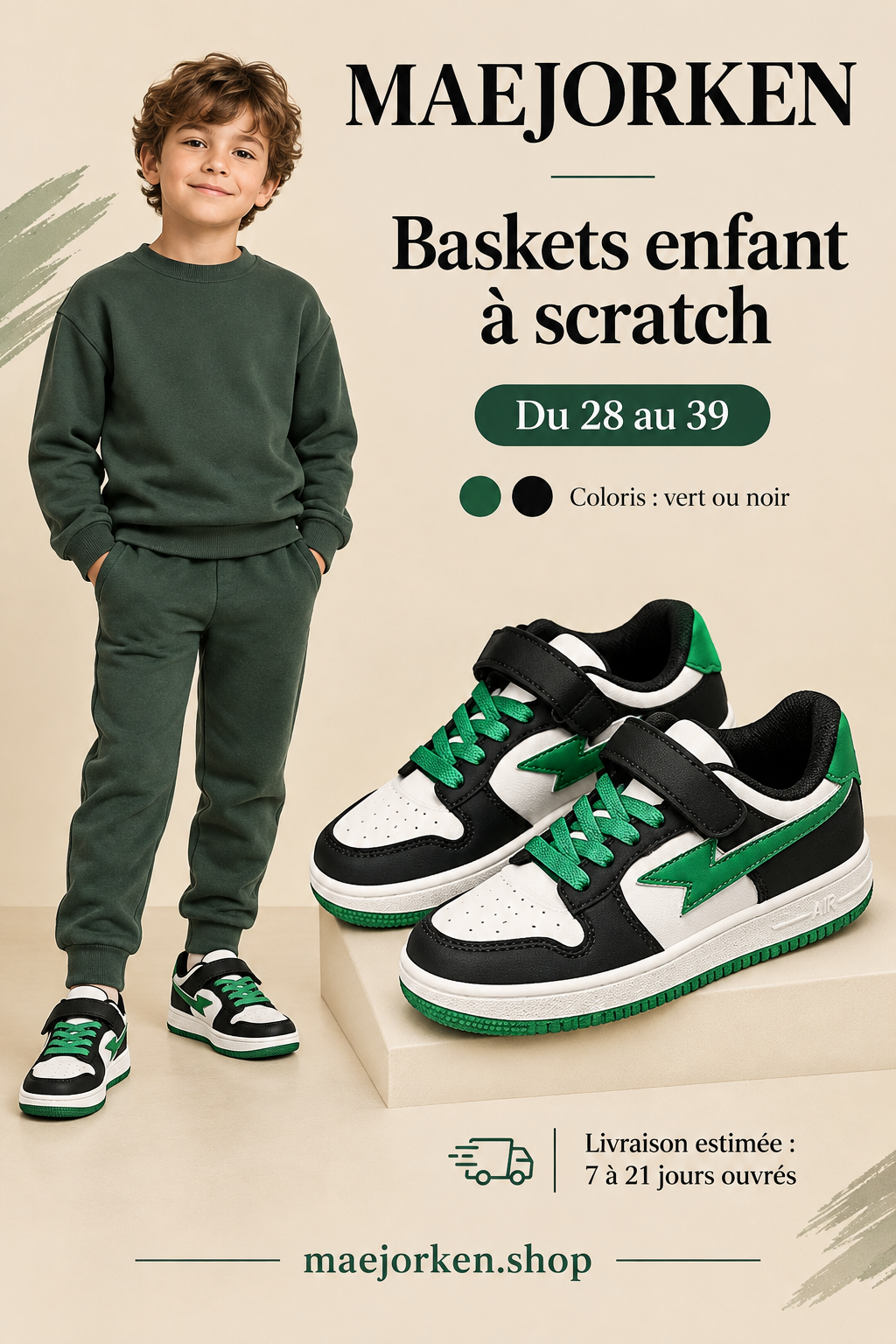 Affiche MAEJORKEN baskets enfant vertes noires et blanches avec mannequin, pointures 28 à 39, coloris vert ou noir et livraison estimée de 7 à 21 jours ouvrés.