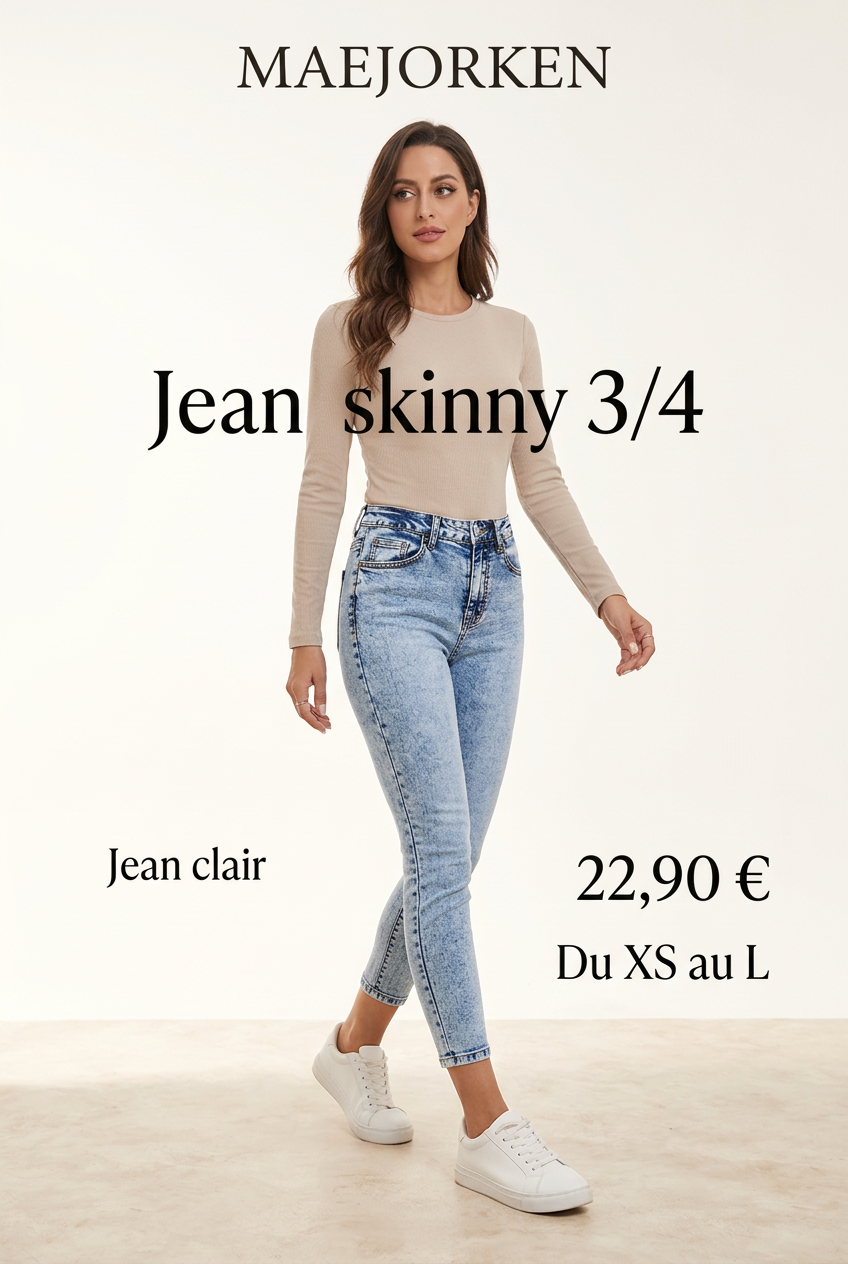 Affiche MAEJORKEN – jean skinny femme jean clair avec mannequin