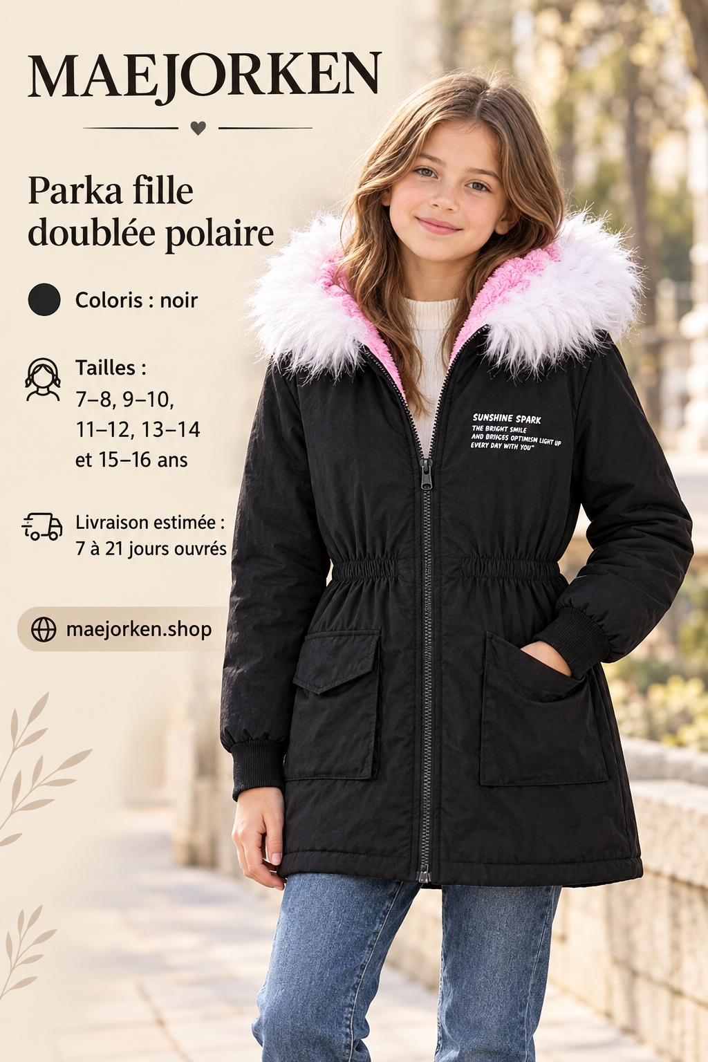 Parka noire fille à capuche bord blanc et doublure polaire rose portée par une enfant, cinq tailles de 7 à 16 ans.