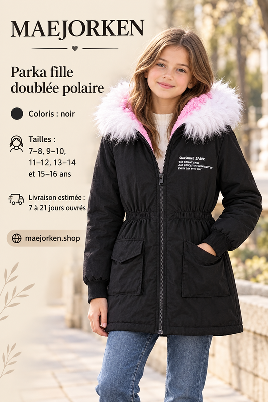 Parka noire fille à capuche bord blanc et doublure polaire rose portée par une enfant, cinq tailles de 7 à 16 ans.