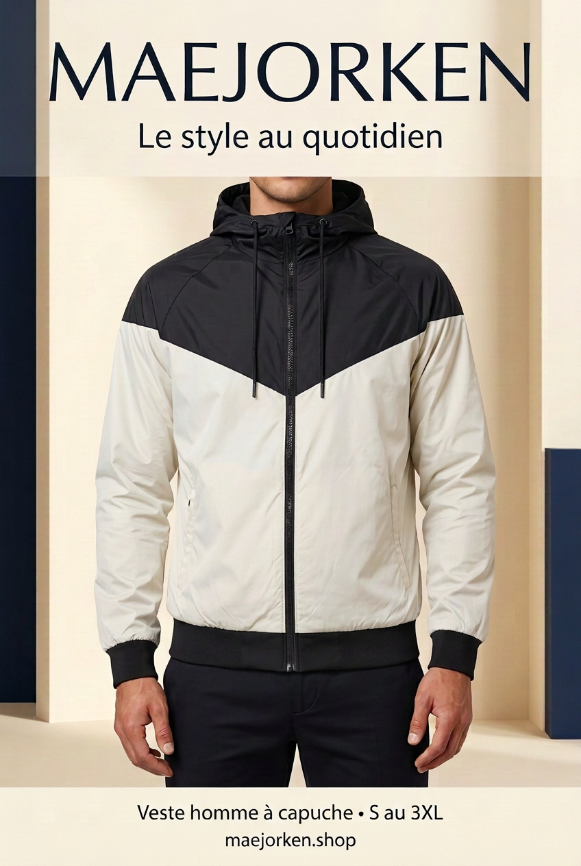Affiche MAEJORKEN sans prix, veste blanche et noire portée par un mannequin virtuel