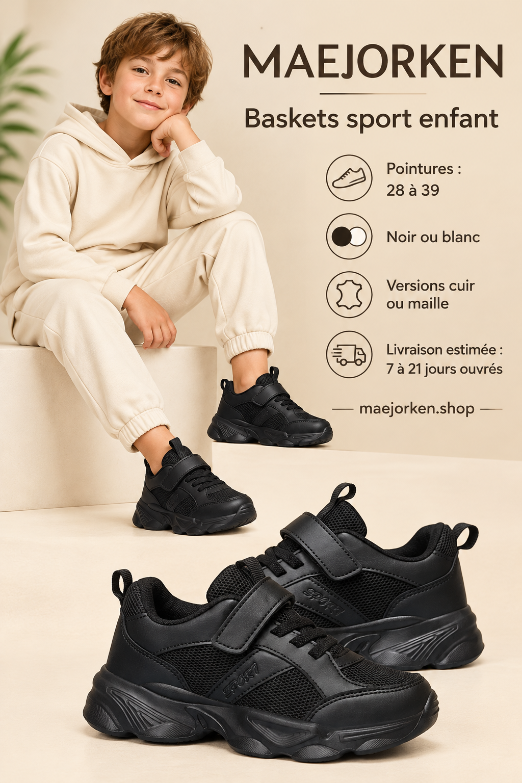 Baskets sport noires portées par un enfant, pointures 28 à 39, noir ou blanc en cuir ou maille, livraison estimée 7 à 21 jours ouvrés.