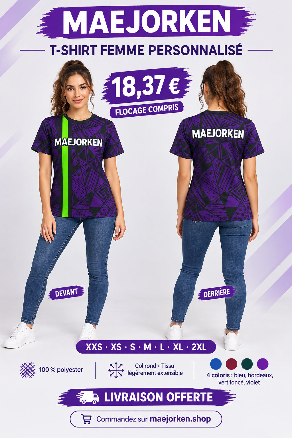 T-shirt femme violet et noir col rond porté de face et de dos, MAEJORKEN blanc devant et derrière sans logo ni numéro, 18,37 €, XXS à 2XL, flocage compris.