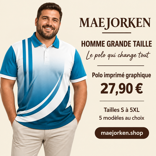 Mannequin homme grande taille portant le polo graphique bleu et blanc, S à 5XL, 27,90 €, cinq modèles.