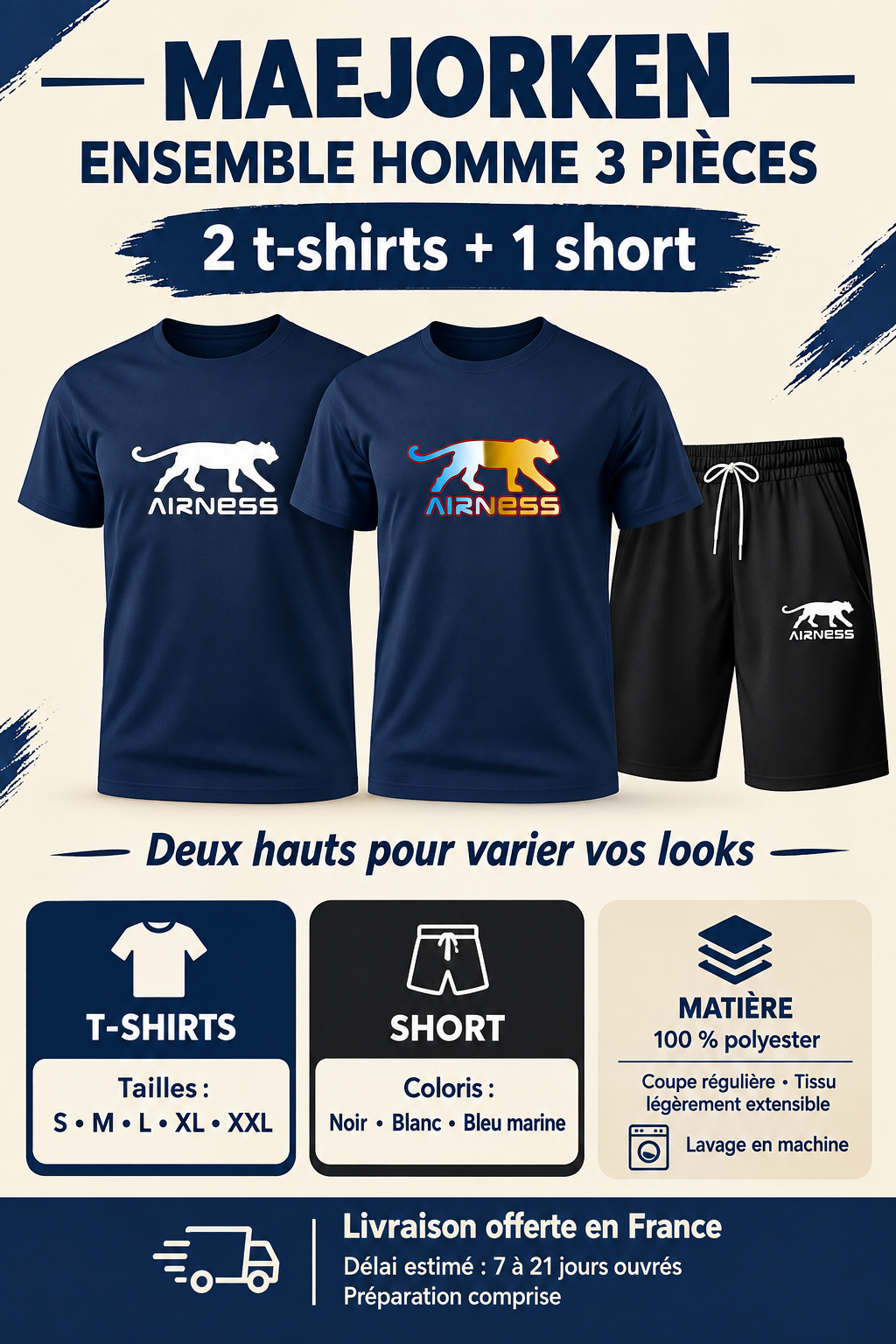 Ensemble homme trois pièces deux t-shirts et un short, tailles S à XXL, noir blanc bleu marine, 100 % polyester, livraison offerte en France délai estimé 7 à 21 jours ouvrés préparation comprise.
