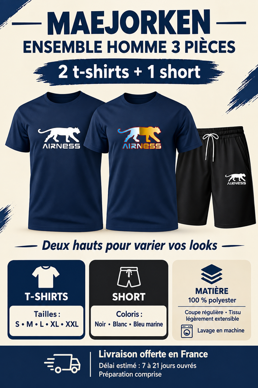 Ensemble homme trois pièces deux t-shirts et un short, tailles S à XXL, noir blanc bleu marine, 100 % polyester, livraison offerte en France délai estimé 7 à 21 jours ouvrés préparation comprise.