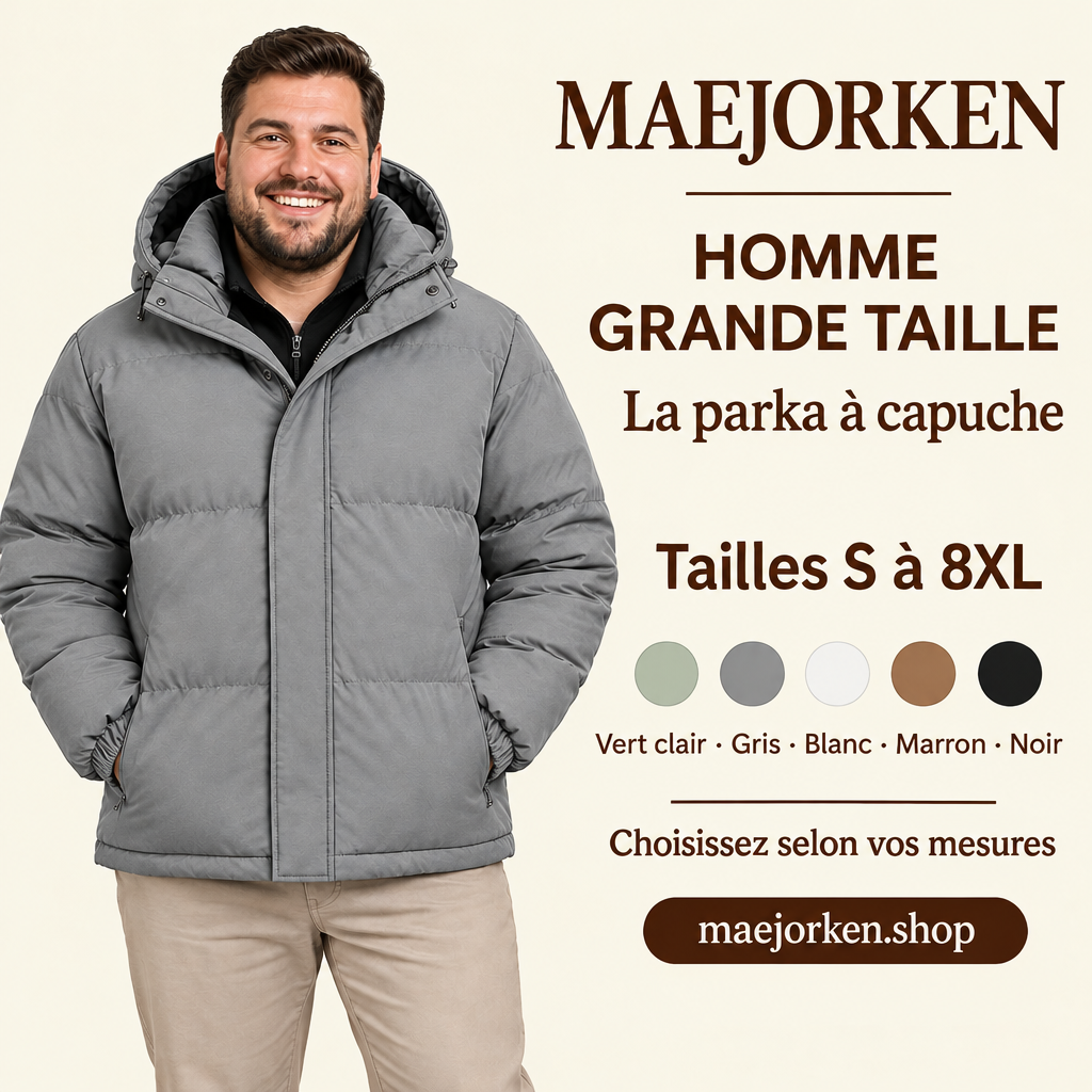 Mannequin homme grande taille portant la parka grise à capuche, tailles S à 8XL, coloris vert clair, gris, blanc, marron et noir.