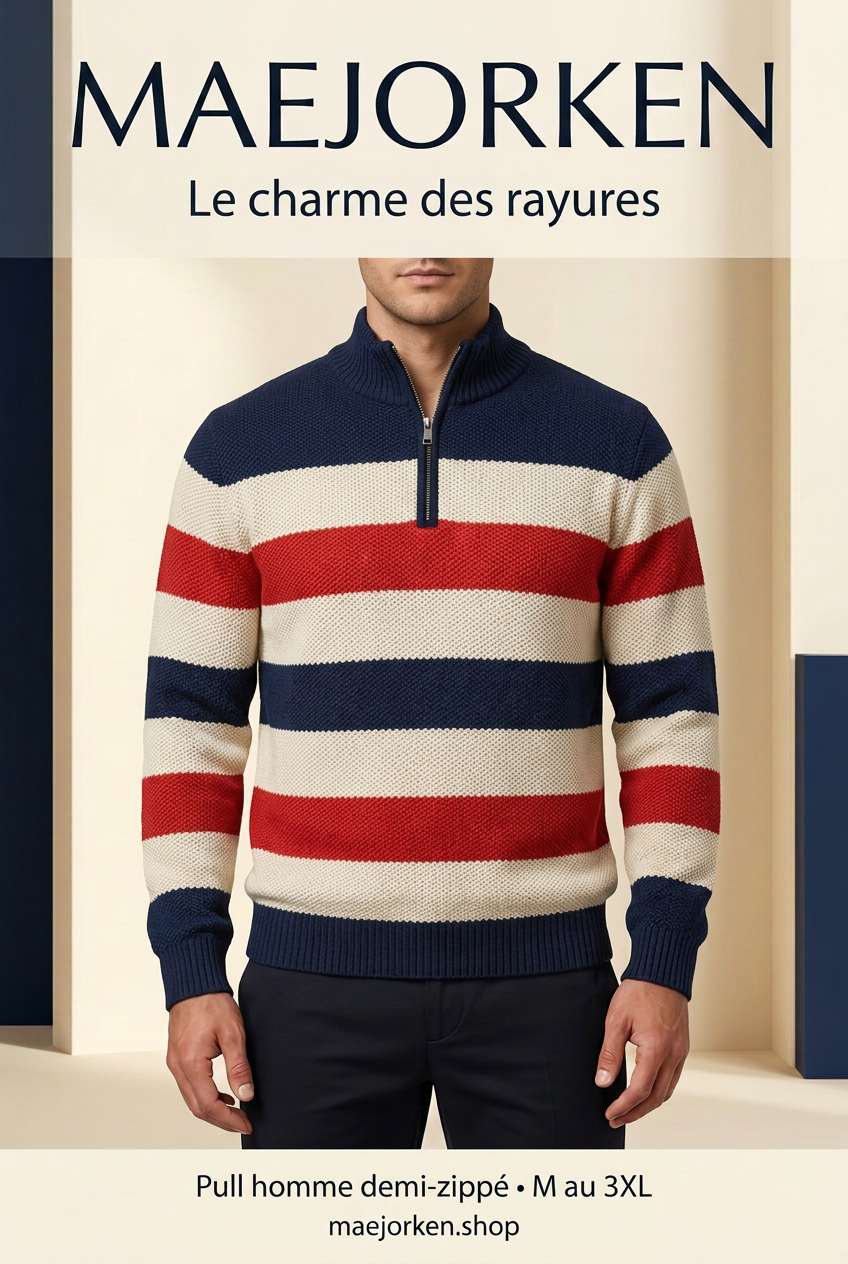 Affiche MAEJORKEN sans prix, pull rayé marine, crème et rouge sur mannequin virtuel