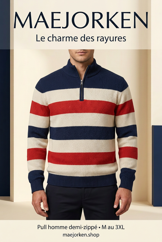 Affiche MAEJORKEN sans prix, pull rayé marine, crème et rouge sur mannequin virtuel