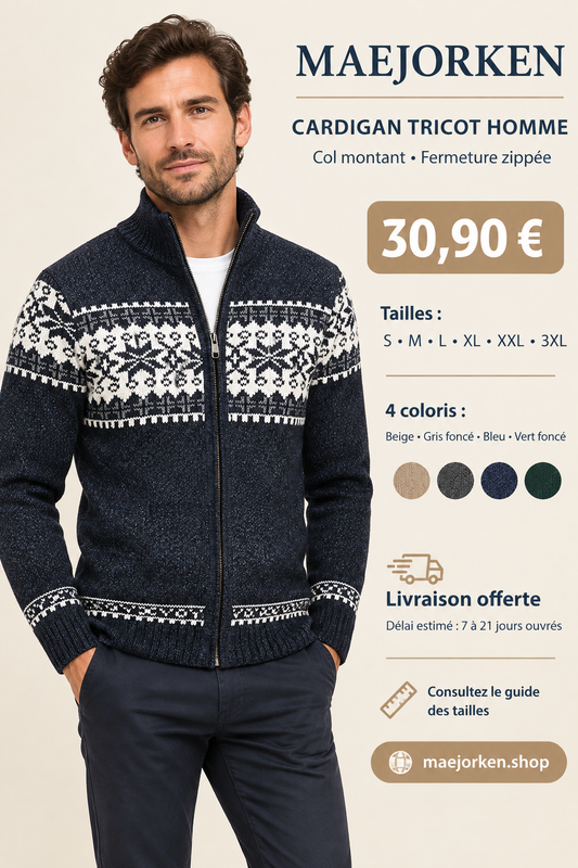 Cardigan tricot homme porté, prix 30,90 euros, tailles S au 3XL, quatre coloris et livraison estimée 7 à 21 jours ouvrés