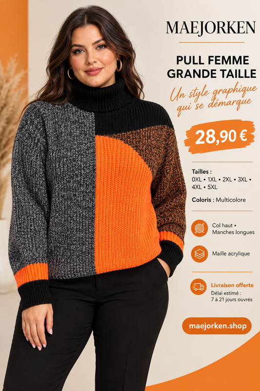 Affiche MAEJORKEN : pull femme multicolore à col haut, 28,90 €, tailles 0XL à 5XL.