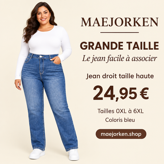 Mannequin portant le jean bleu droit taille haute MAEJORKEN, tailles 0XL à 6XL, prix 24,95 €.