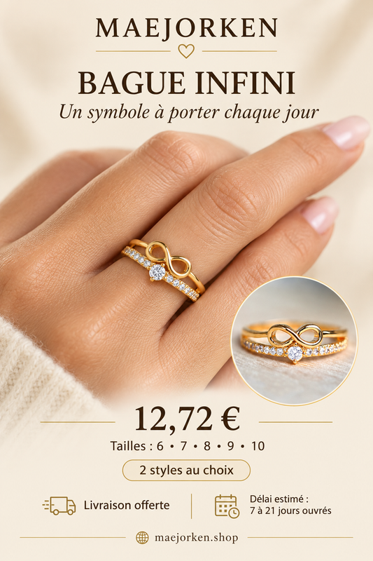 Bague infini portée, prix 12,72 euros, tailles 6 à 10, deux styles et livraison estimée 7 à 21 jours ouvrés