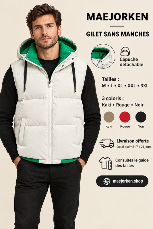 Gilet sans manches à capuche détachable porté par un mannequin, tailles M au 3XL, trois coloris et livraison estimée de 7 à 21 jours.