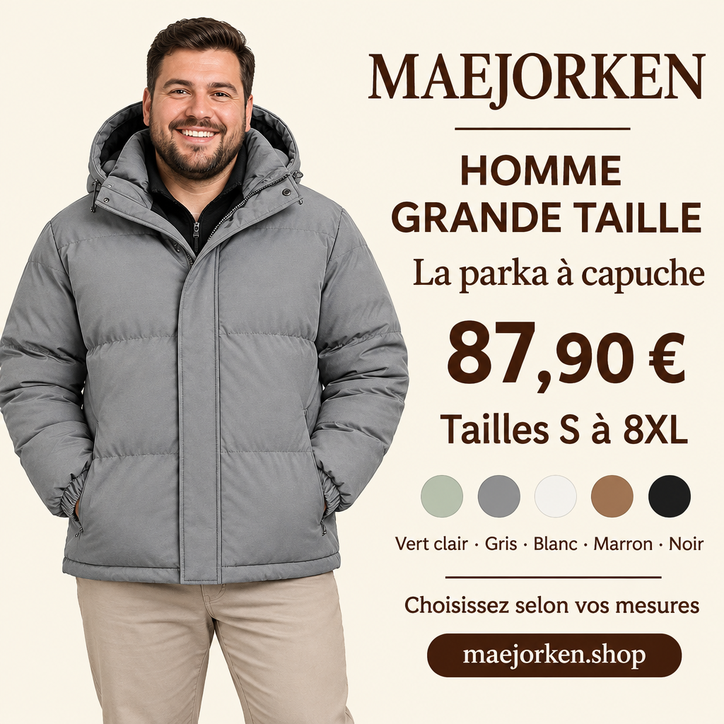Mannequin homme grande taille portant la parka grise à capuche, tailles S à 8XL, cinq coloris, prix 87,90 €.