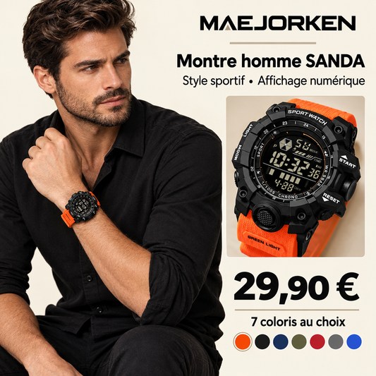Montre homme SANDA noir orange portée par un mannequin, MAEJORKEN, 29,90 €, sept coloris au choix