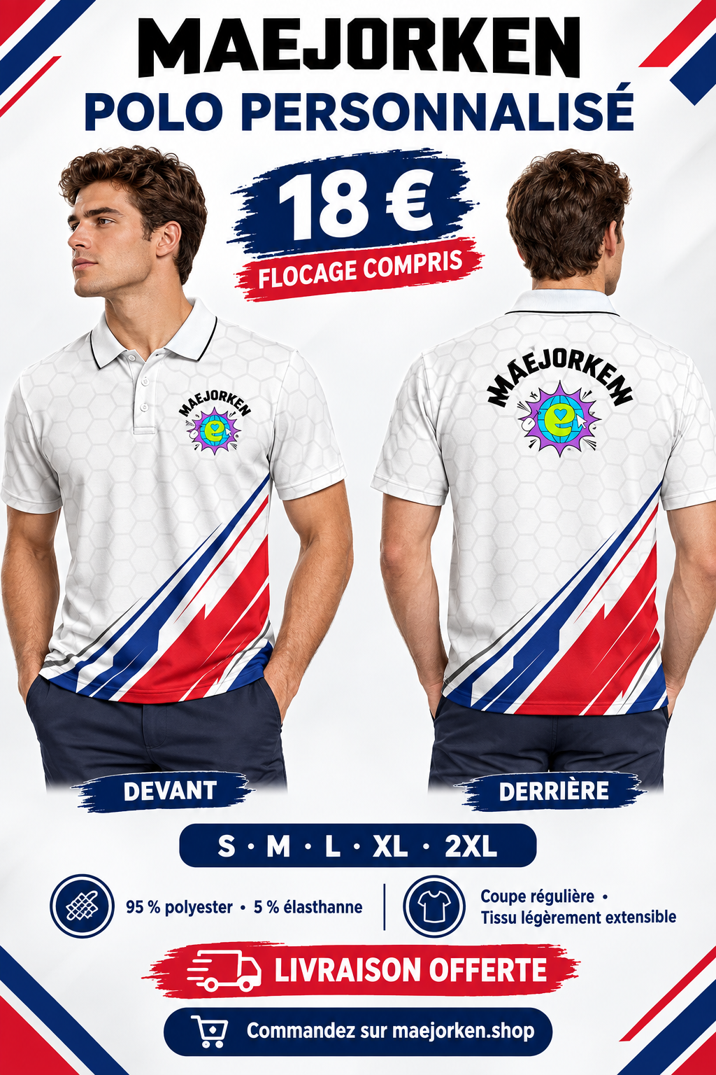 Polo blanc à motifs rouges et bleus sur mannequin de face et de dos, logo complet MAEJORKEN devant et derrière, 18 €, S à 2XL, flocage compris.