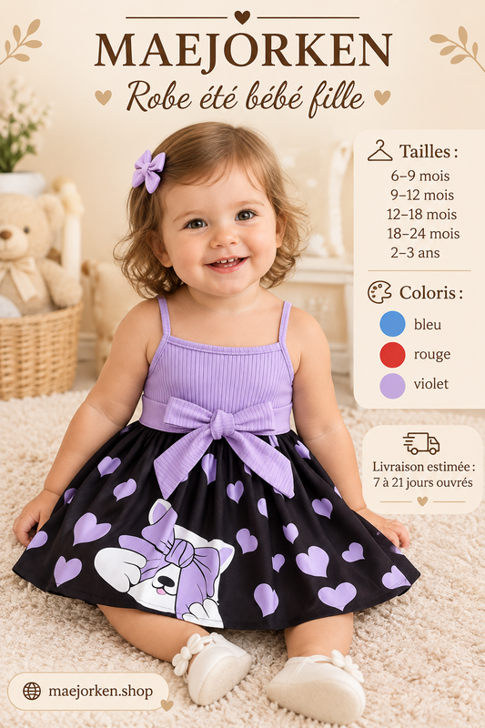 Robe lavande et noire à motifs cœurs et chat portée par un bébé, cinq tailles de 6 mois à 3 ans, trois coloris et livraison estimée 7 à 21 jours ouvrés.