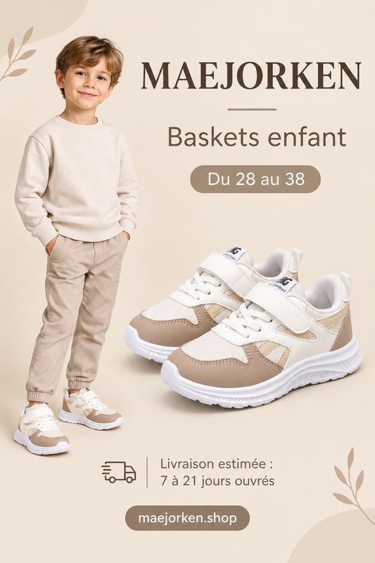 Affiche MAEJORKEN baskets enfant beige et blanches avec mannequin enfant habillé, pointures 28 à 38 et livraison estimée de 7 à 21 jours ouvrés.