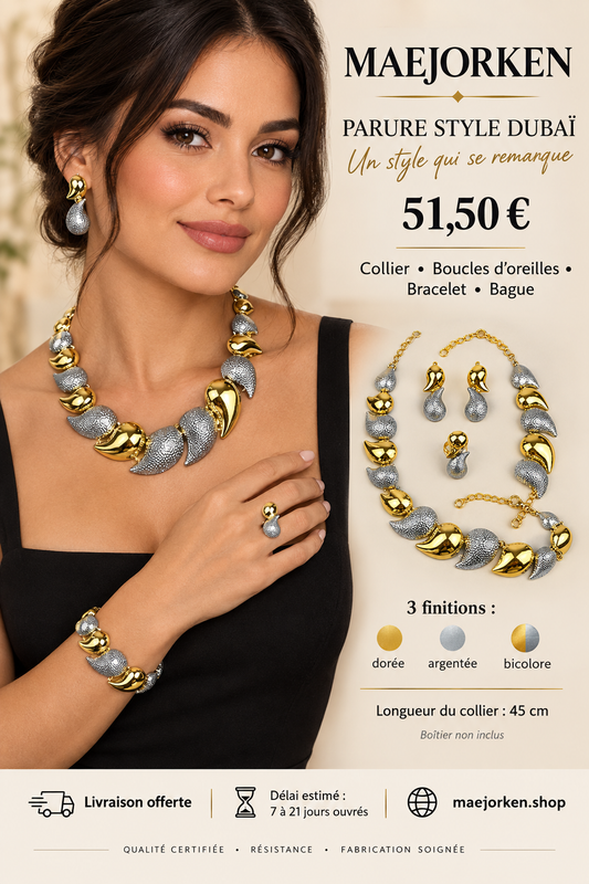 Parure bicolore portée, collier boucles d’oreilles bracelet bague, 51,50 euros, trois finitions, collier 45 cm, boîtier non inclus