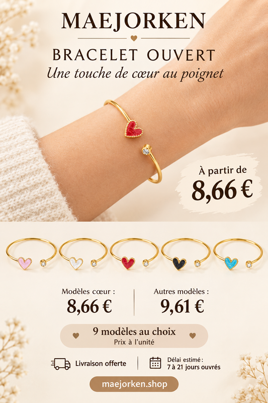 Bracelet cœur ouvert porté, neuf modèles, modèles cœur à 8,66 euros et autres modèles à 9,61 euros, prix à l’unité