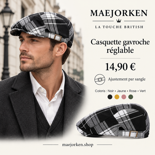 Affiche casquette gavroche réglable avec mannequin, prix 14,90 € et coloris noir, jaune, rose et vert.