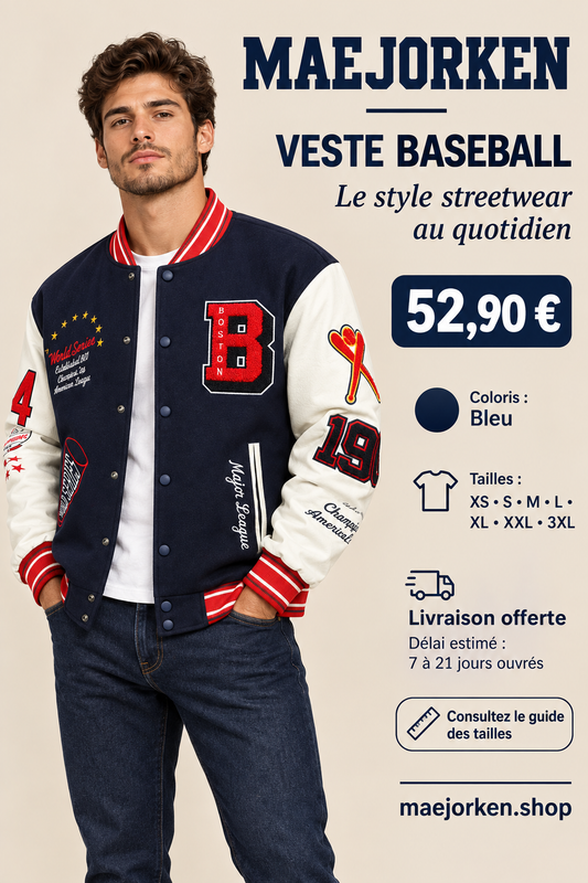 Veste baseball bleue portée par un homme, prix 52,90 euros, tailles XS au 3XL et livraison offerte estimée 7 à 21 jours ouvrés