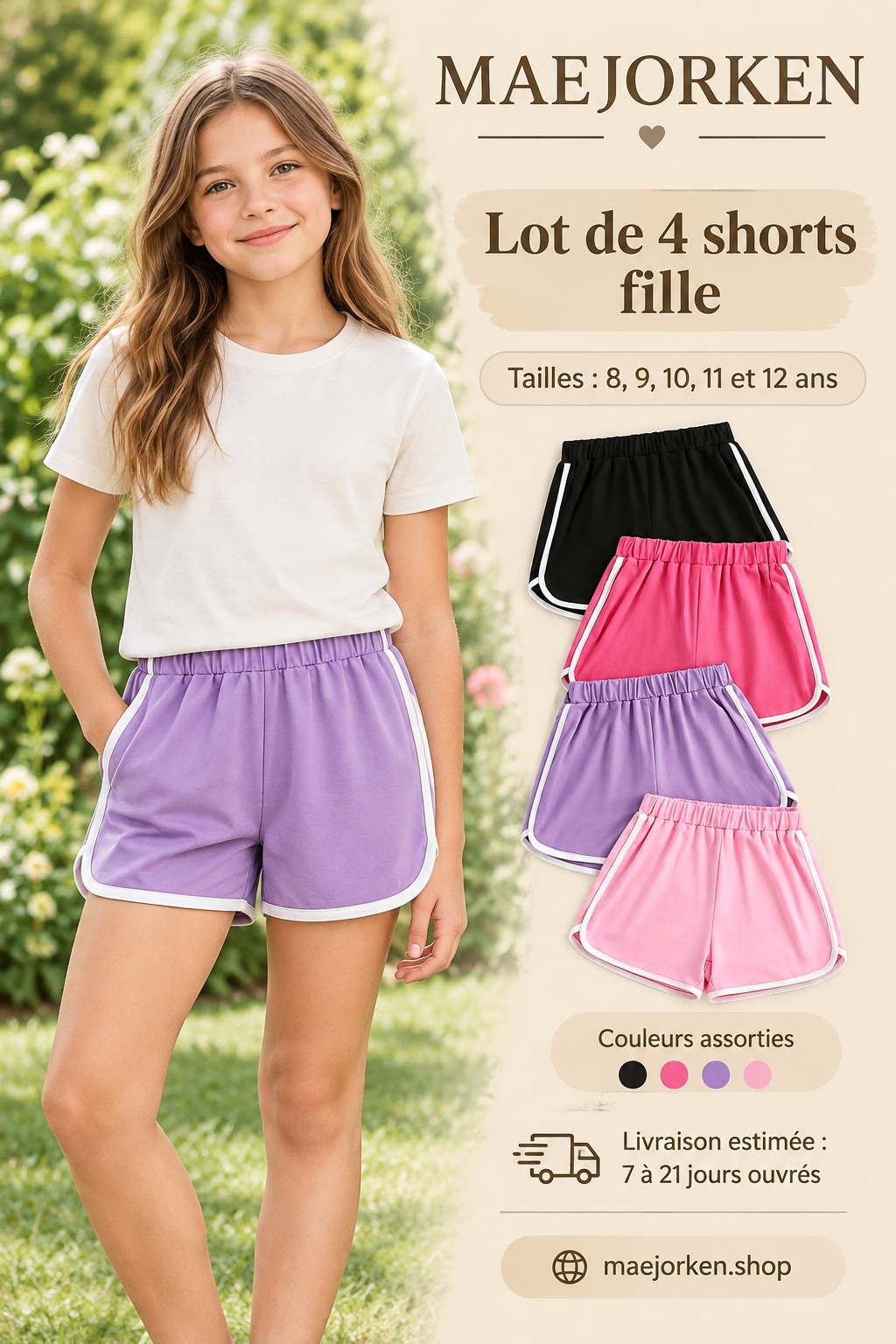 Lot de quatre shorts fille à taille élastiquée et liseré blanc, short violet porté par une enfant, tailles 8 à 12 ans.