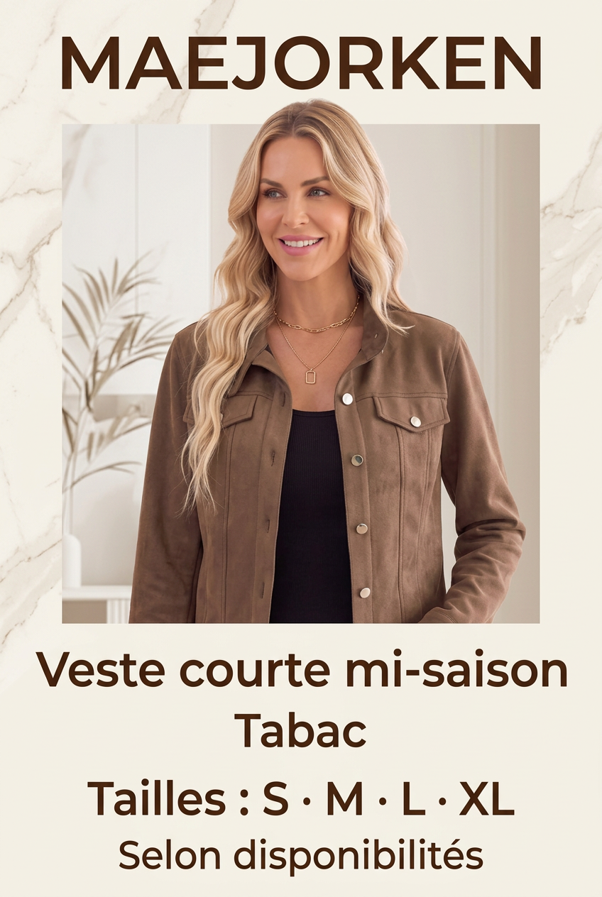 Affiche MAEJORKEN veste tabac avec mannequin, tailles S à XL