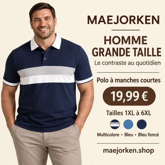Mannequin homme grande taille portant le polo à bandes grise et blanche et col blanc, 1XL à 6XL, 19,99 €.
