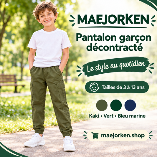 Affiche MAEJORKEN pantalon garçon avec mannequin, coloris kaki vert bleu marine et tailles de 3 à 13 ans, sans prix ni promotion.