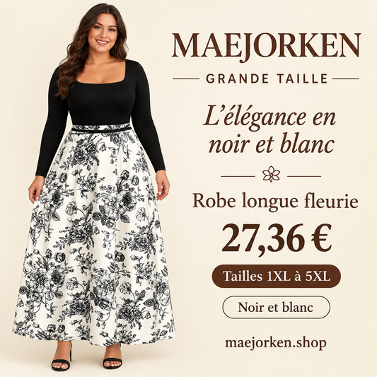 Mannequin portant la robe longue fleurie noir et blanc à col carré MAEJORKEN, tailles 1XL à 5XL, prix 27,36 €.