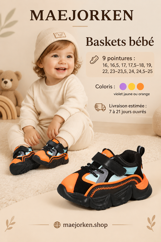 Baskets orange et noires portées par un jeune enfant, neuf pointures et deux coloris, livraison estimée 7 à 21 jours ouvrés.