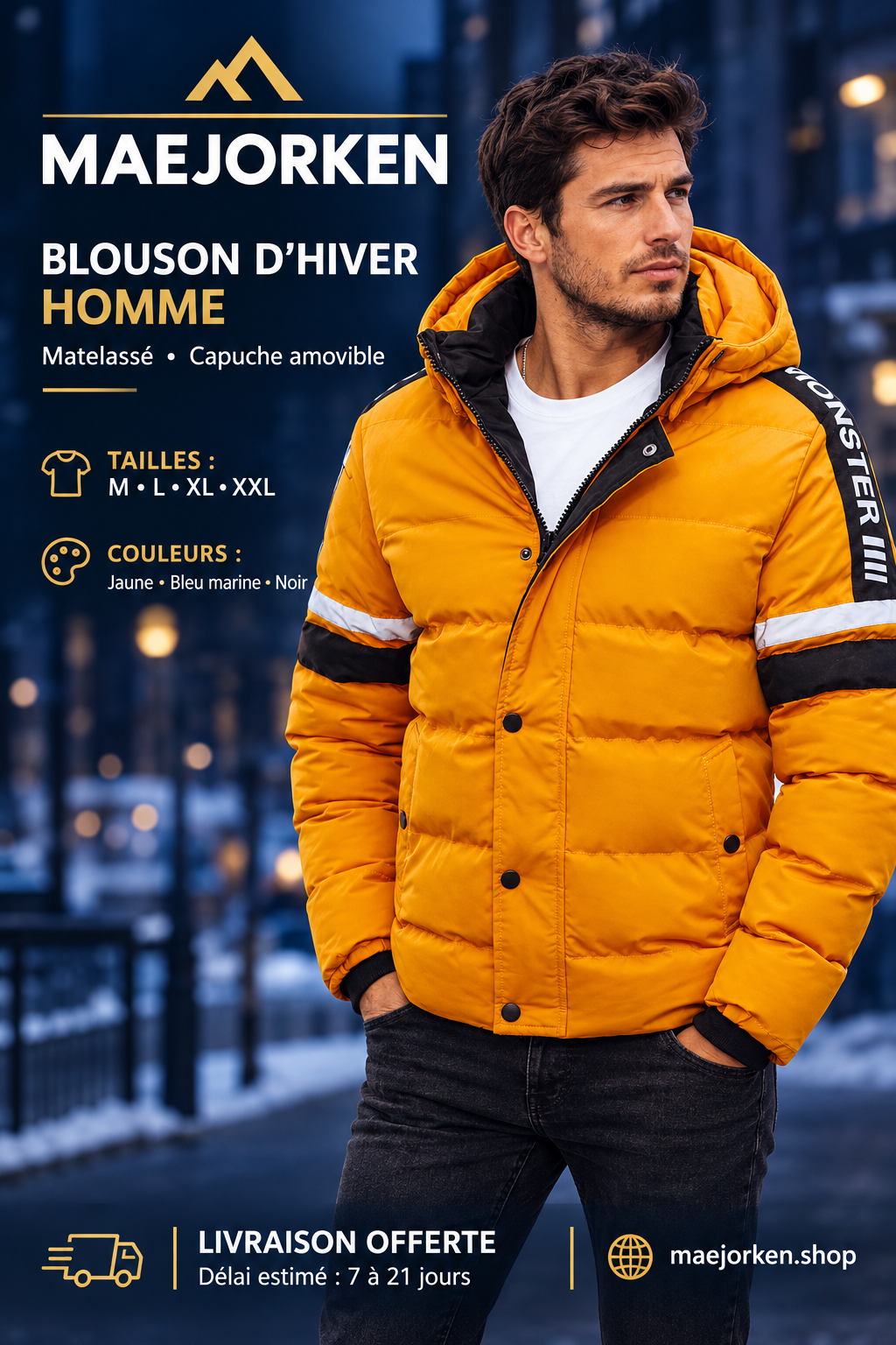 Affiche avec mannequin portant le blouson jaune, tailles M à XXL, couleurs jaune, bleu marine et noir, livraison offerte et délai estimé de 7 à 21 jours.