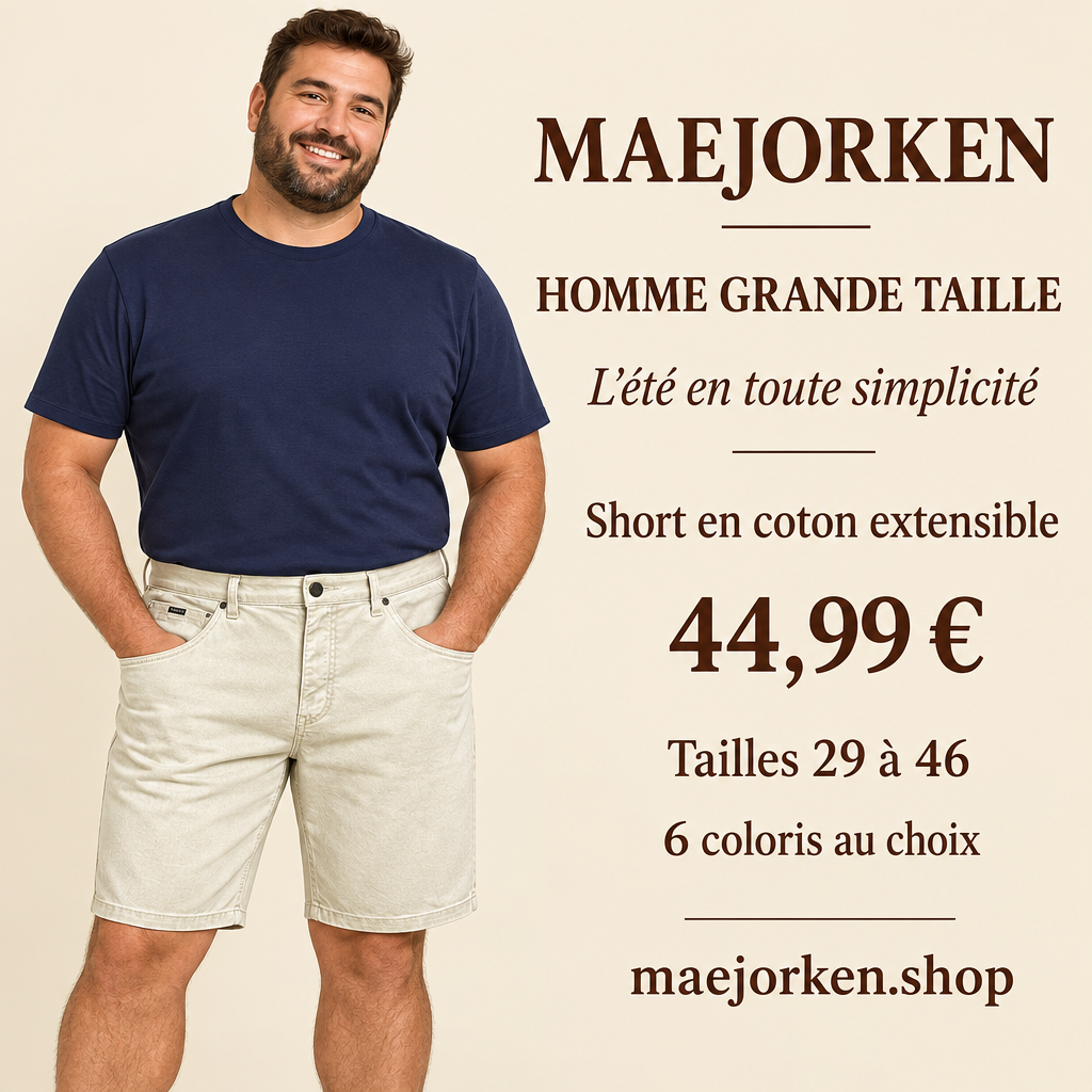 Mannequin homme grande taille portant le short beige à coupe droite, tailles 29 à 46, 44,99 €, six coloris.