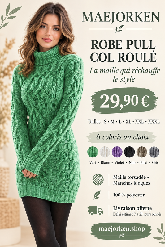 Affiche MAEJORKEN : robe pull femme à col roulé à 29,90 €, tailles S à XXXL et 6 coloris.