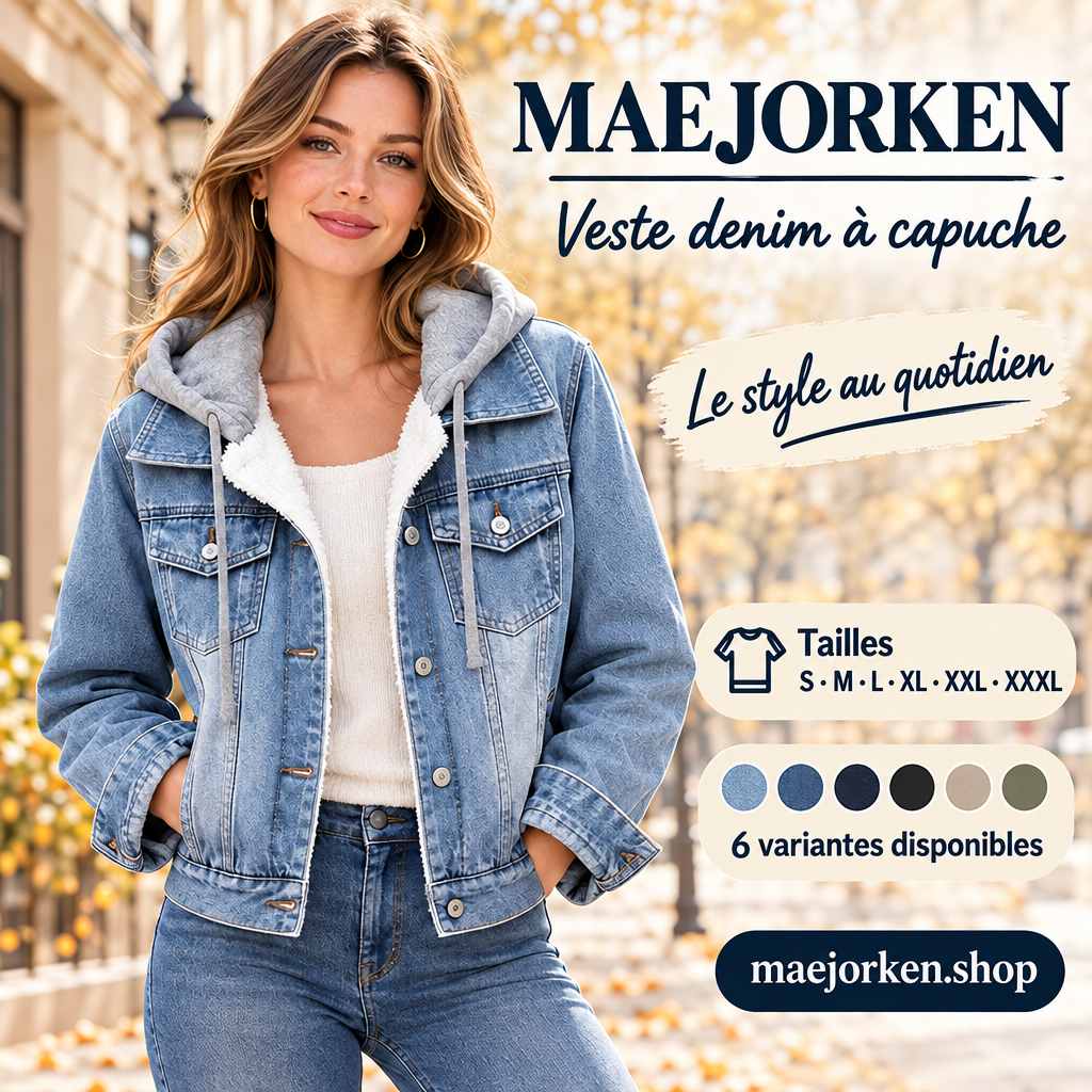 Affiche MAEJORKEN veste femme en denim à capuche avec mannequin, six variantes et tailles S à XXXL, sans prix ni promotion.