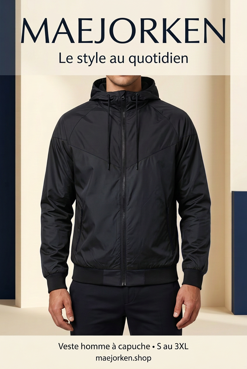 Affiche MAEJORKEN sans prix, veste noire portée par un mannequin virtuel