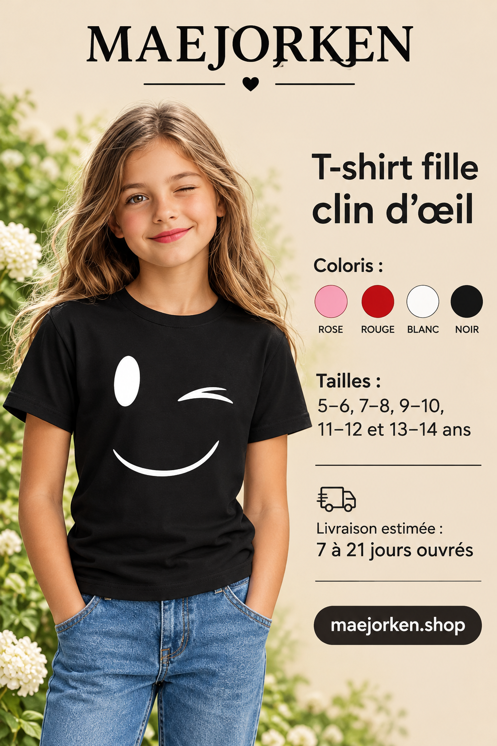 T-shirt noir à visage souriant clin d’œil blanc porté par une enfant, cinq tailles de 5 à 14 ans et quatre coloris.