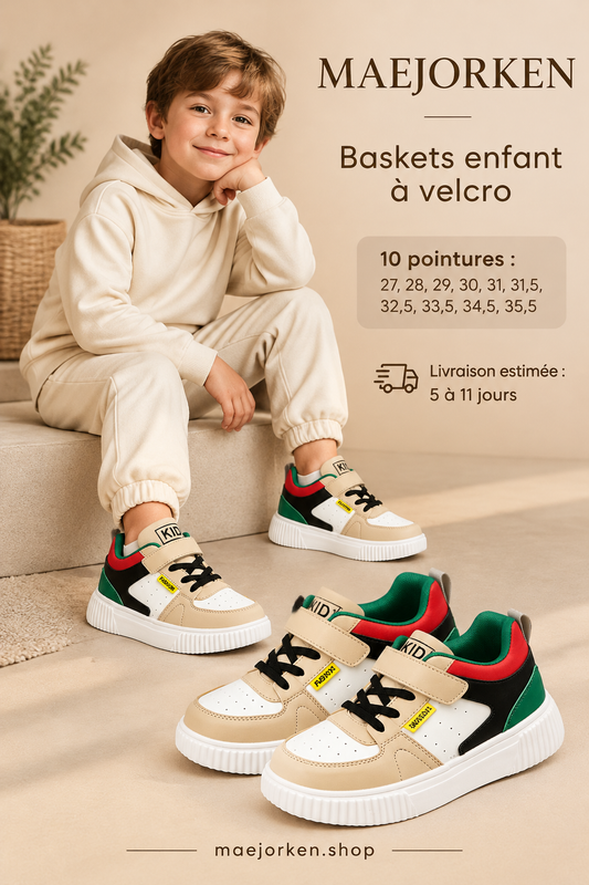 Baskets beige et blanches à détails verts et rouges portées par un enfant, dix pointures de 27 à 35,5, livraison estimée 5 à 11 jours.