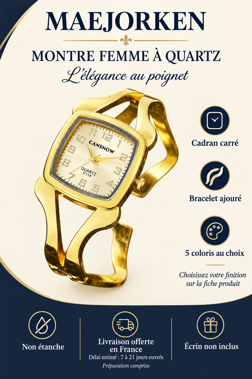Montre femme dorée à quartz, cadran carré avec chiffres et bracelet ajouré. Cinq coloris au choix. Non étanche, écrin non inclus. Livraison offerte en France, délai estimé 7 à 21 jours ouvrés préparation comprise.