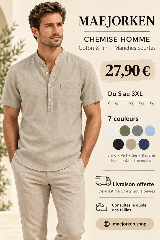 Affiche avec mannequin portant la chemise homme, prix 27,90 €, tailles S au 3XL et sept couleurs