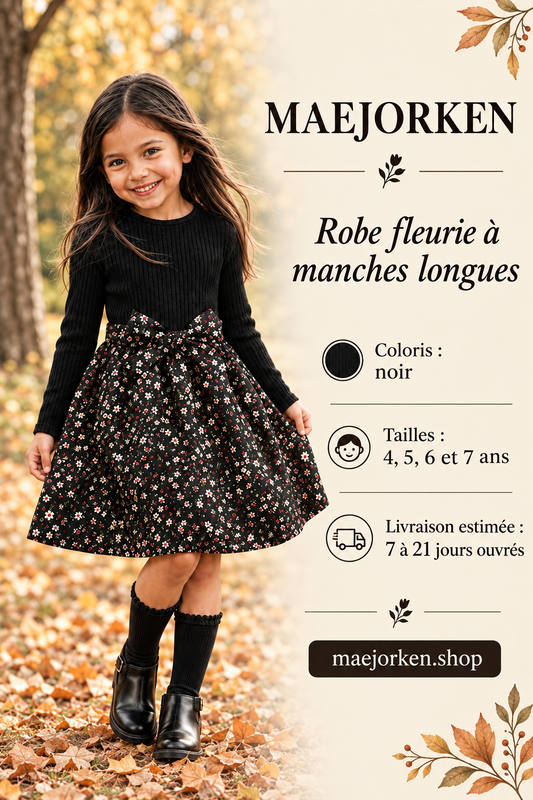 Robe fleurie noire à manches longues portée par une enfant, tailles 4 à 7 ans, livraison estimée 7 à 21 jours ouvrés.
