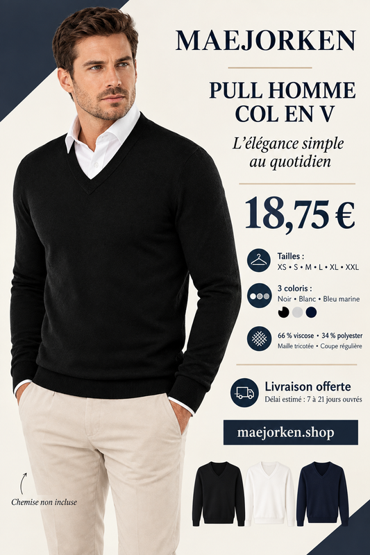 Affiche MAEJORKEN : pull homme col en V à 18,75 €, tailles XS à XXL, noir, blanc ou bleu marine.