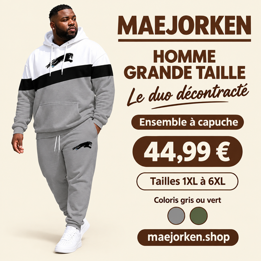 Mannequin homme grande taille portant l'ensemble gris à capuche et jogging, 1XL à 6XL, 44,99 €.
