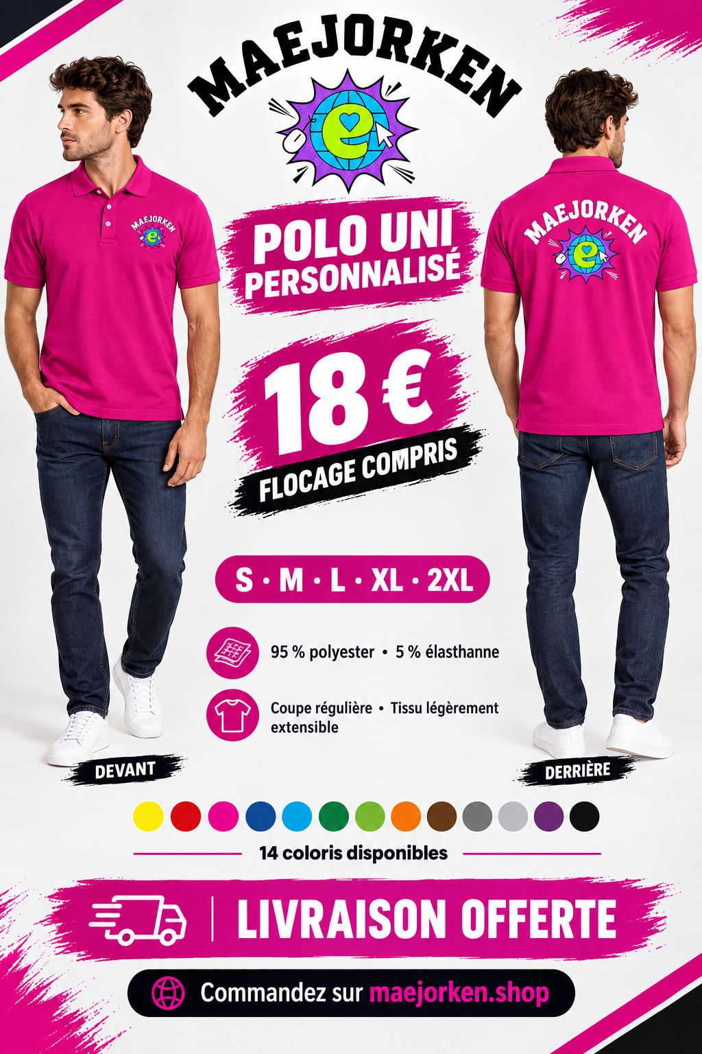 Polo uni rose foncé sur mannequin de face et de dos, logo complet MAEJORKEN devant et derrière, 18 €, S à 2XL, 14 coloris, flocage compris.