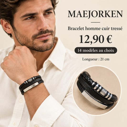 Bracelet homme cuir tressé MAEJORKEN porté par un mannequin, 12,90 €, 14 modèles, longueur 21 cm