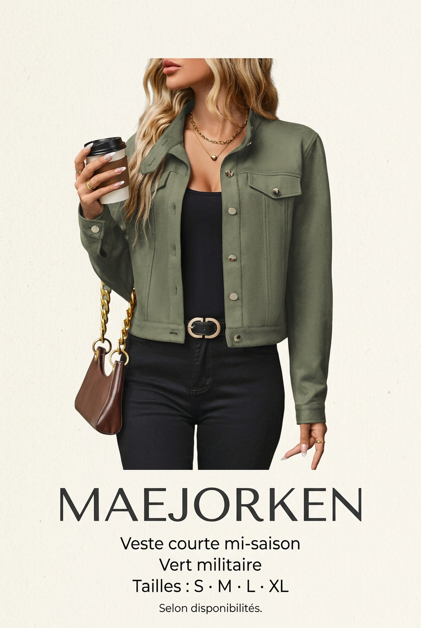 Affiche MAEJORKEN veste vert militaire avec mannequin, tailles S à XL