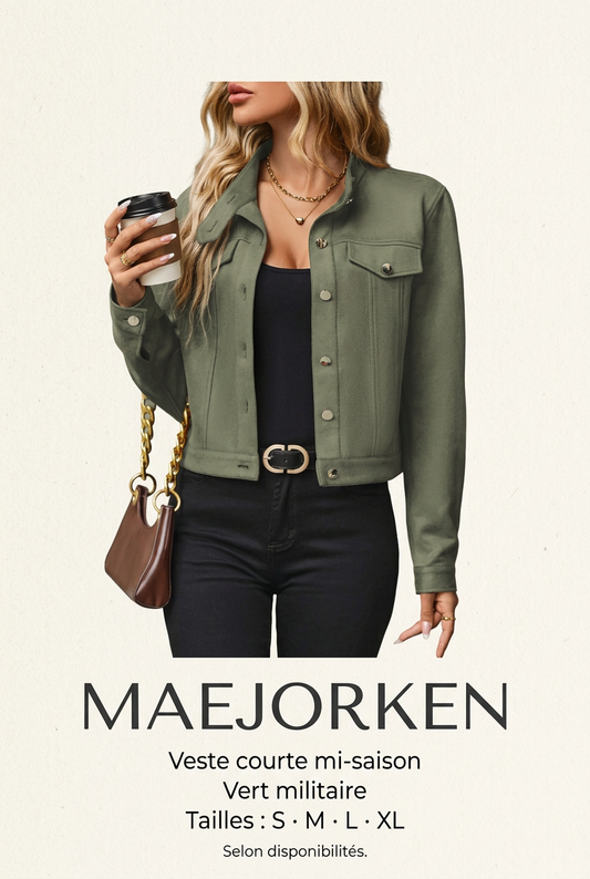 Affiche MAEJORKEN veste vert militaire avec mannequin, tailles S à XL